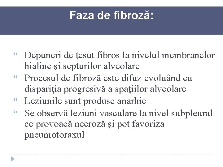 Faza de fibroză: Depuneri de țesut fibros la nivelul membranelor hialine și septurilor alveolare