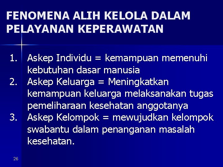 FENOMENA ALIH KELOLA DALAM PELAYANAN KEPERAWATAN 1. Askep Individu = kemampuan memenuhi kebutuhan dasar