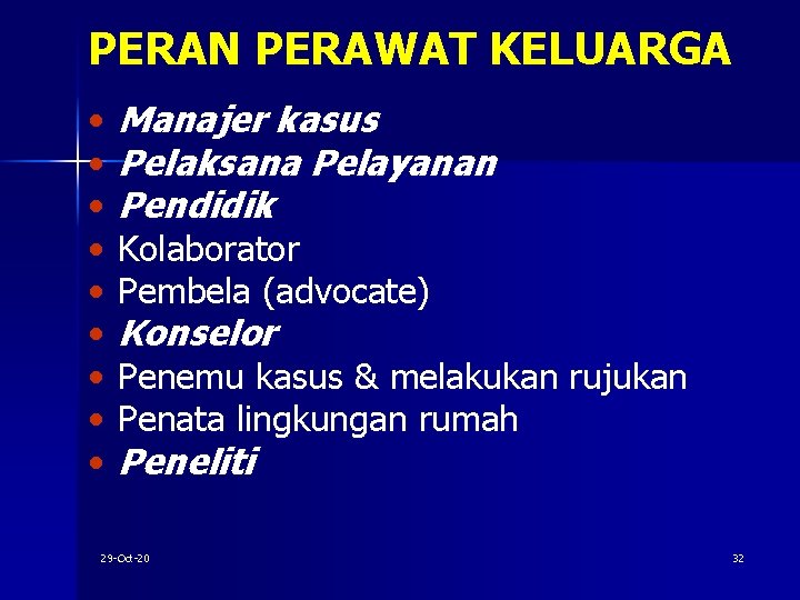 PERAN PERAWAT KELUARGA • • • Manajer kasus Pelaksana Pelayanan Pendidik Kolaborator Pembela (advocate)