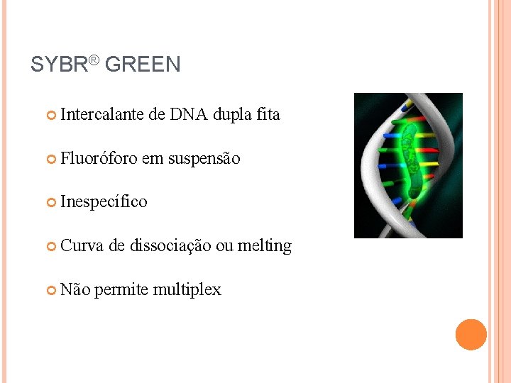 SYBR® GREEN Intercalante de DNA dupla fita Fluoróforo em suspensão Inespecífico Curva de dissociação SYBR® GREEN Intercalante de DNA dupla fita Fluoróforo em suspensão Inespecífico Curva de dissociação