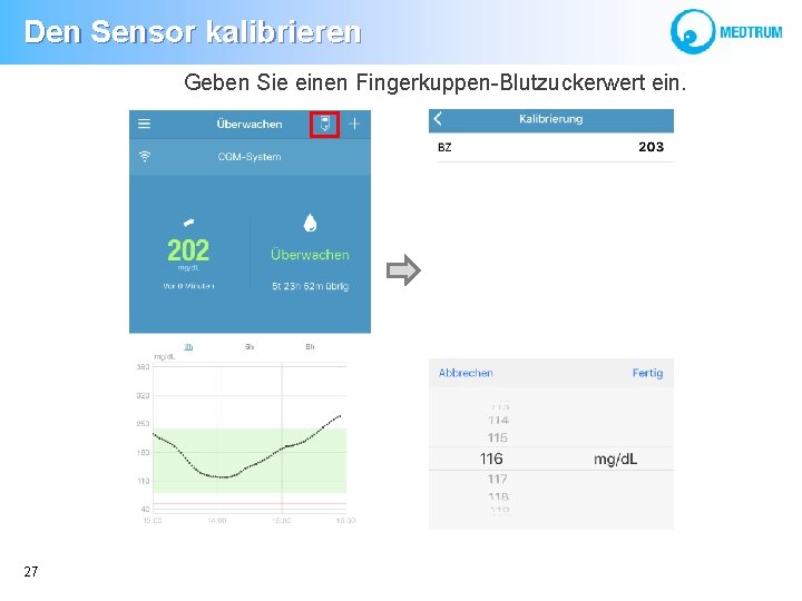  Den Sensor kalibrieren Geben Sie einen Fingerkuppen-Blutzuckerwert ein. 27 