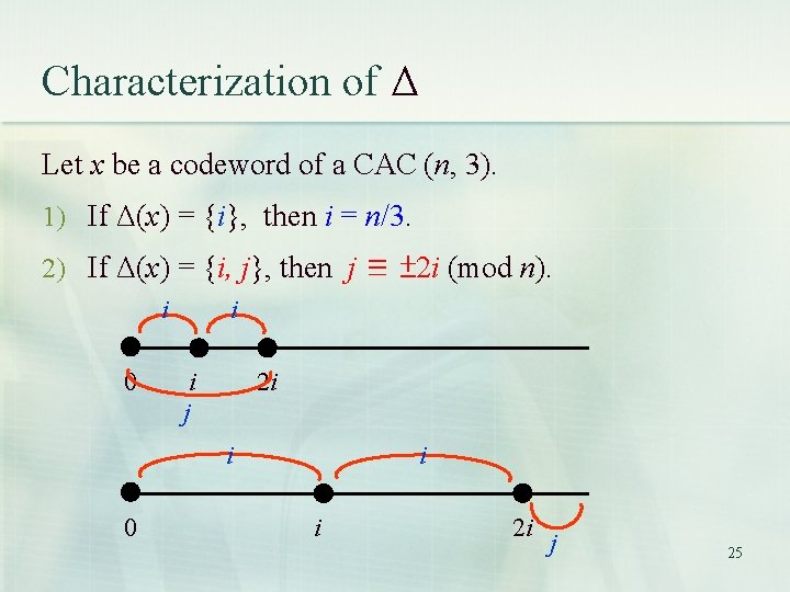 Characterization of Δ Let x be a codeword of a CAC (n, 3). 1) Characterization of Δ Let x be a codeword of a CAC (n, 3). 1)