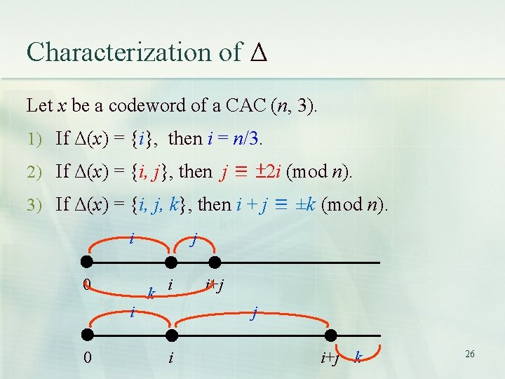 Characterization of Δ Let x be a codeword of a CAC (n, 3). 1) Characterization of Δ Let x be a codeword of a CAC (n, 3). 1)