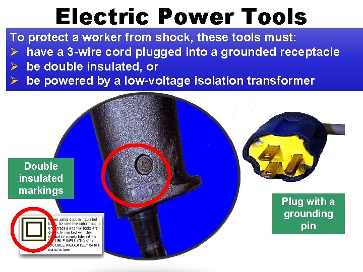 Electric Power Tools To protect a worker from shock, these tools must: Ø have