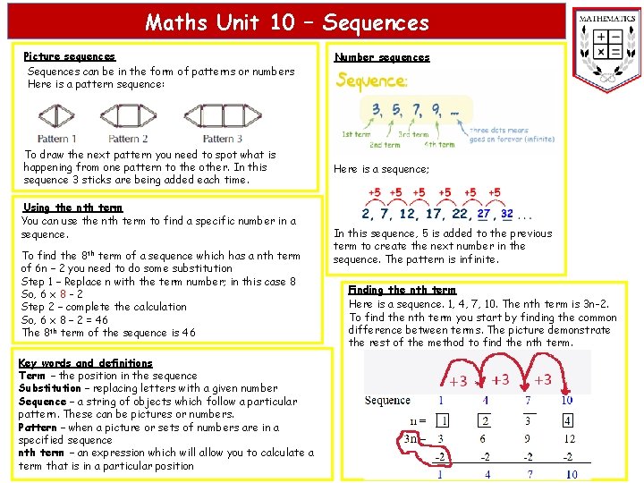 Maths Unit 10 – Sequences Picture sequences Sequences can be in the form of