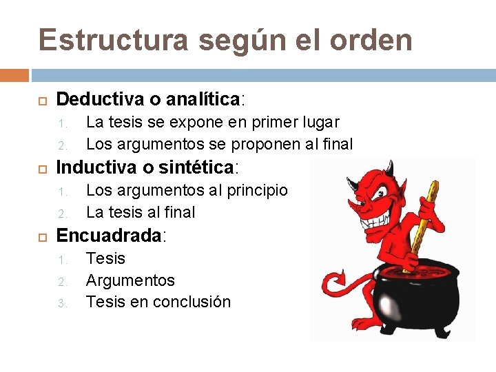 Estructura según el orden Deductiva o analítica: 1. 2. Inductiva o sintética: 1. 2.