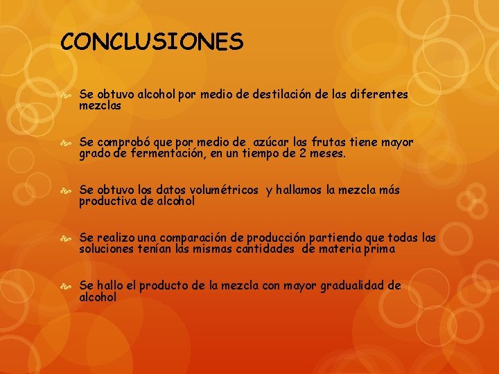 CONCLUSIONES Se obtuvo alcohol por medio de destilación de las diferentes mezclas Se comprobó