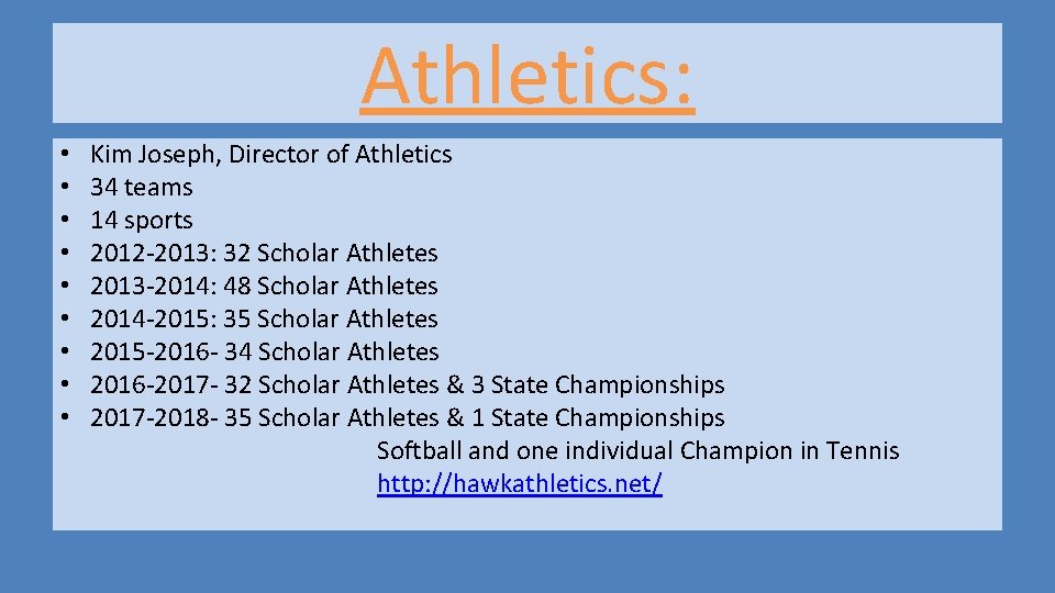 Athletics: • • • Kim Joseph, Director of Athletics 34 teams 14 sports 2012 Athletics: • • • Kim Joseph, Director of Athletics 34 teams 14 sports 2012
