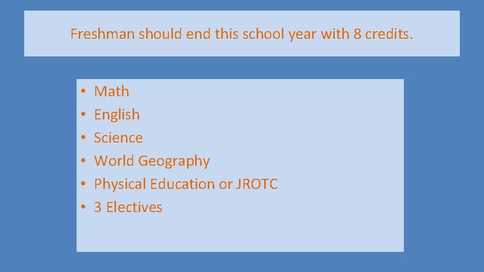 Freshman should end this school year with 8 credits. • • • Math English Freshman should end this school year with 8 credits. • • • Math English