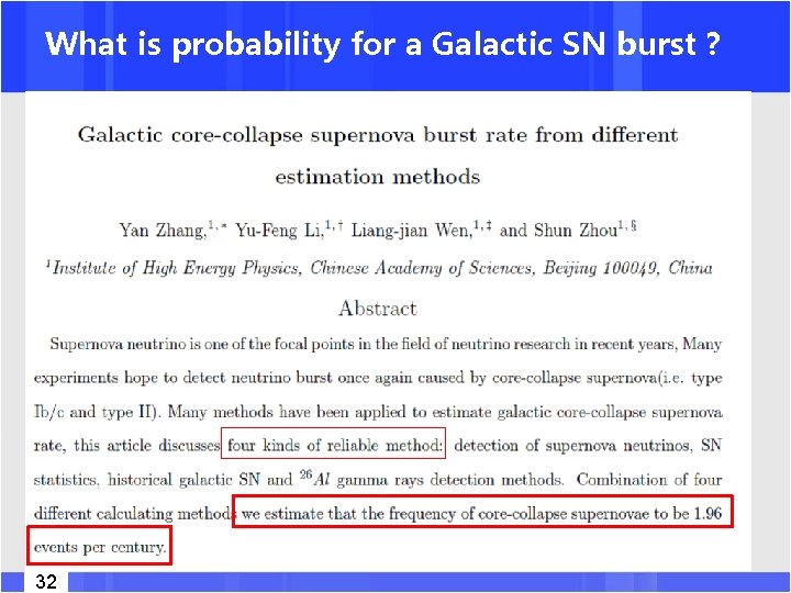 What is probability for a Galactic SN burst ? 32 