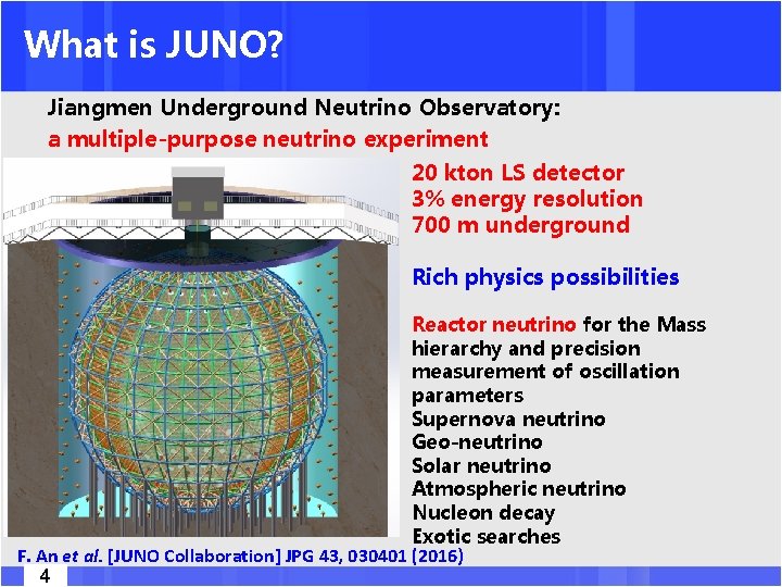 What is JUNO? Jiangmen Underground Neutrino Observatory: a multiple-purpose neutrino experiment 20 kton LS