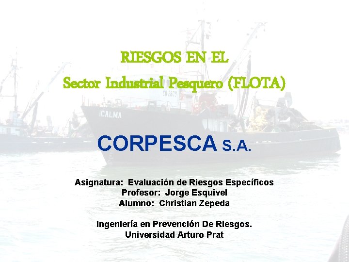 RIESGOS EN EL Sector Industrial Pesquero (FLOTA) CORPESCA S. A. Asignatura: Evaluación de Riesgos