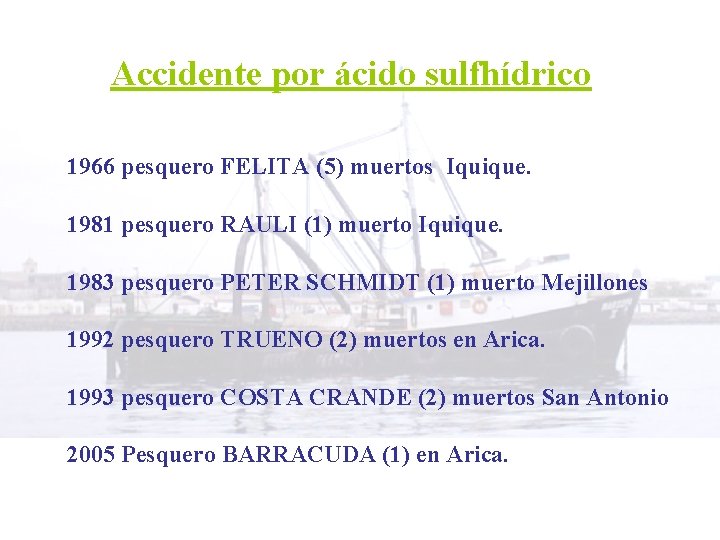 Accidente por ácido sulfhídrico 1966 pesquero FELITA (5) muertos Iquique. 1981 pesquero RAULI (1)