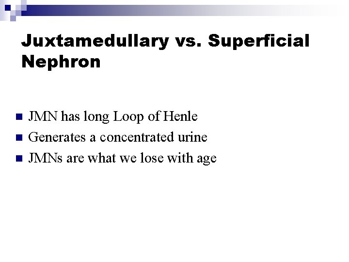Juxtamedullary vs. Superficial Nephron n JMN has long Loop of Henle Generates a concentrated
