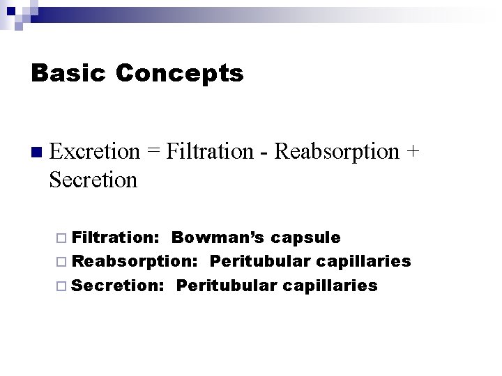 Basic Concepts n Excretion = Filtration - Reabsorption + Secretion ¨ Filtration: Bowman’s capsule