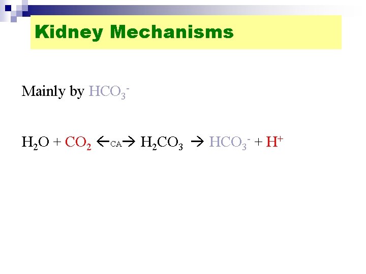 Kidney Mechanisms Mainly by HCO 3 H 2 O + CO 2 CA H
