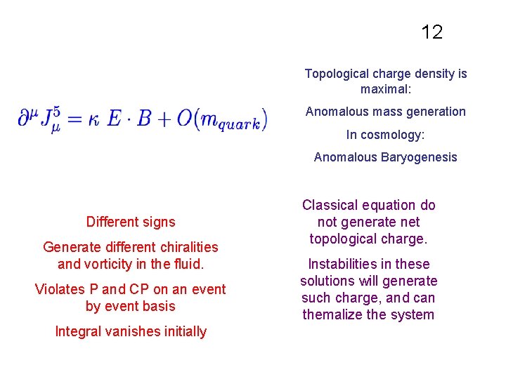 12 Topological charge density is maximal: Anomalous mass generation In cosmology: Anomalous Baryogenesis Different 12 Topological charge density is maximal: Anomalous mass generation In cosmology: Anomalous Baryogenesis Different