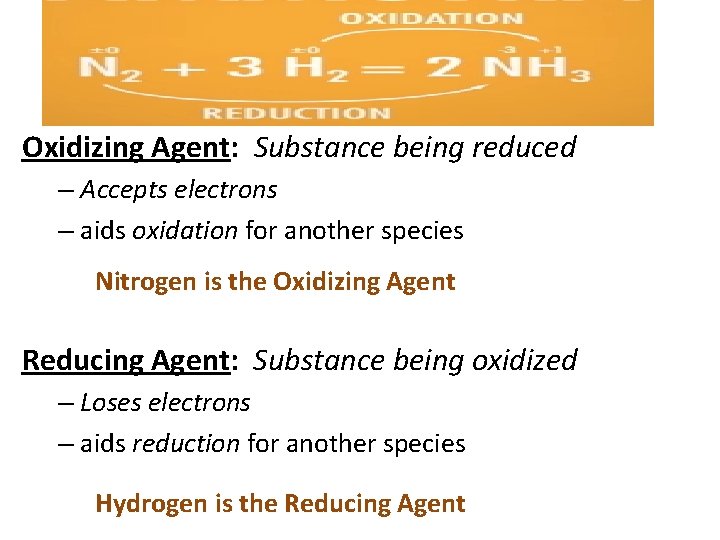 Oxidizing Agent: Substance being reduced – Accepts electrons – aids oxidation for another species