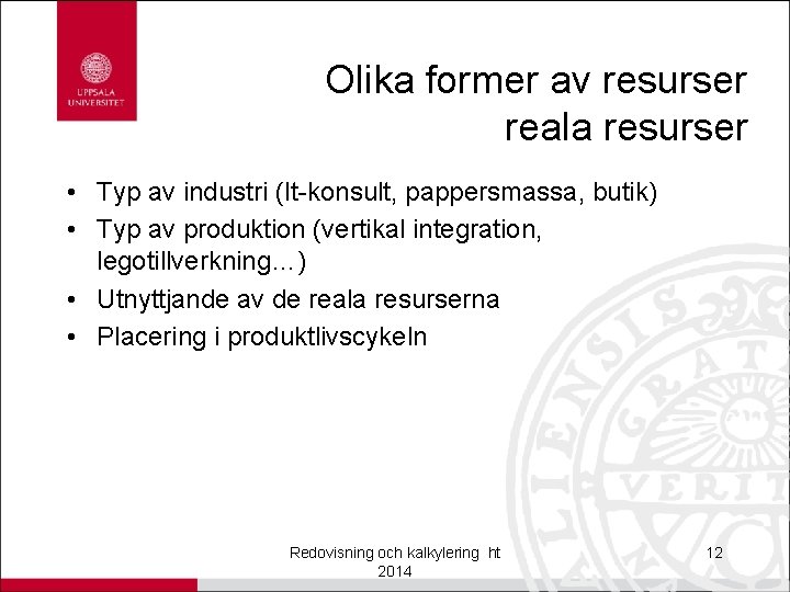 Olika former av resurser reala resurser • Typ av industri (It-konsult, pappersmassa, butik) •