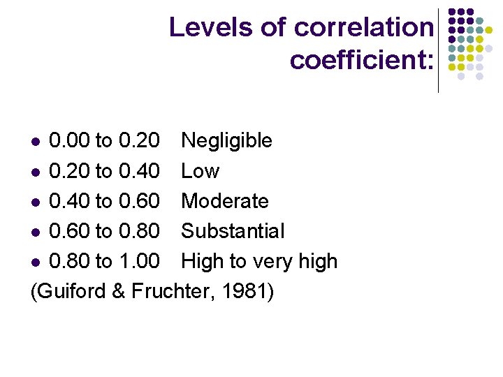 Levels of correlation coefficient: 0. 00 to 0. 20 Negligible l 0. 20 to