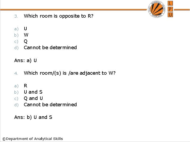 3. Which room is opposite to R? a) U W Q Cannot be determined