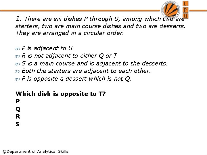 1. There are six dishes P through U, among which two are starters, two