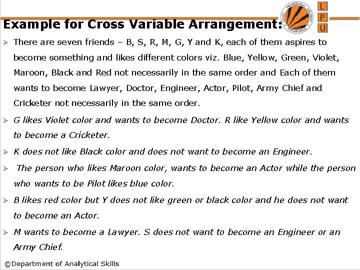 Example for Cross Variable Arrangement: Ø There are seven friends – B, S, R,