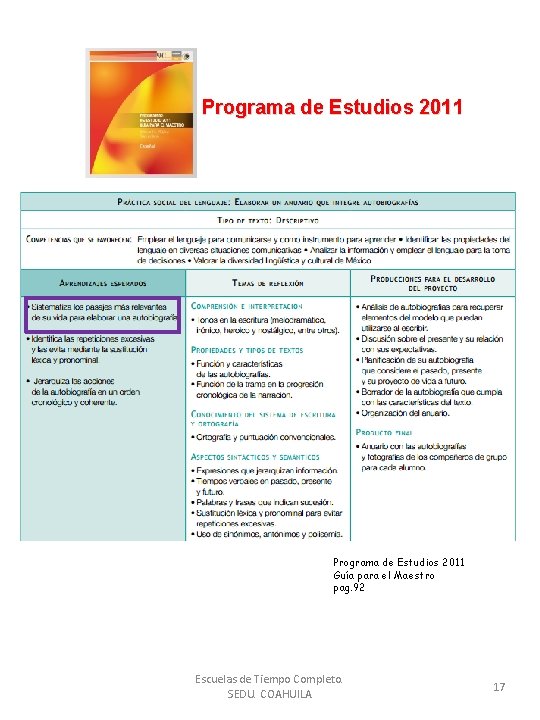Programa de Estudios 2011 Guía para el Maestro pag. 92 Escuelas de Tiempo Completo.