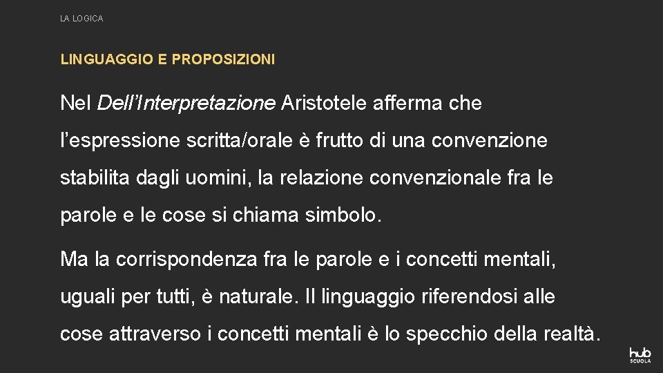 LA LOGICA LINGUAGGIO E PROPOSIZIONI Nel Dell’Interpretazione Aristotele afferma che l’espressione scritta/orale è frutto