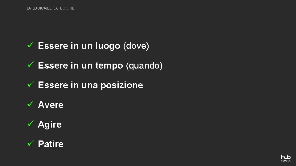 LA LOGICA/LE CATEGORIE ü Essere in un luogo (dove) ü Essere in un tempo LA LOGICA/LE CATEGORIE ü Essere in un luogo (dove) ü Essere in un tempo