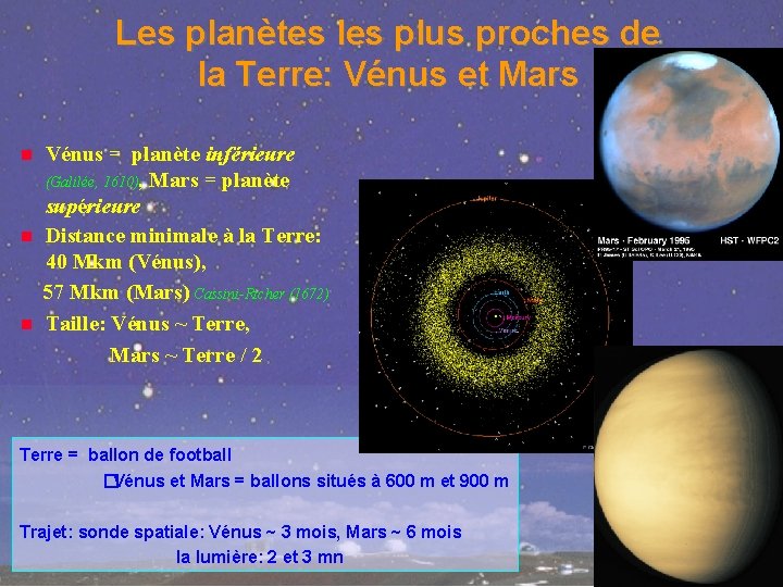 Les planètes les plus proches de la Terre: Vénus et Mars Vénus = planète