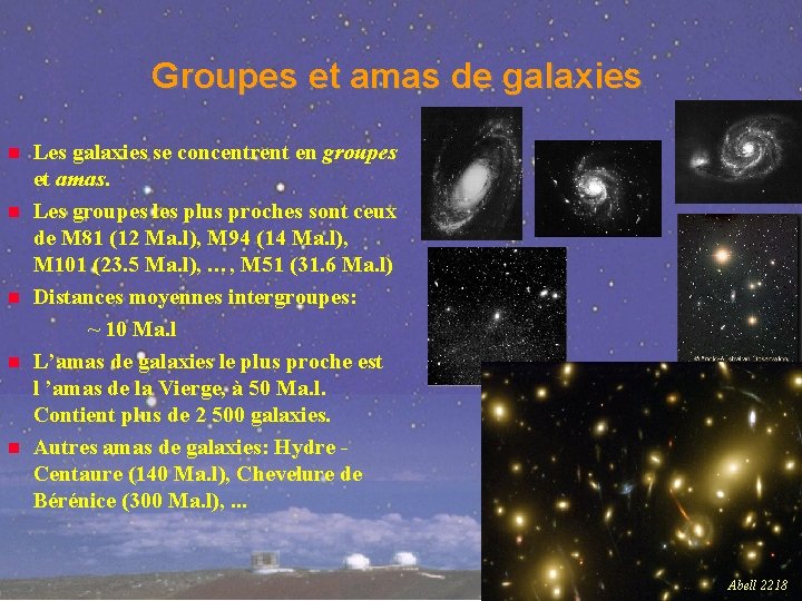 Groupes et amas de galaxies Les galaxies se concentrent en groupes et amas. Les