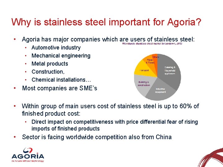 Why is stainless steel important for Agoria? • Agoria has major companies which are