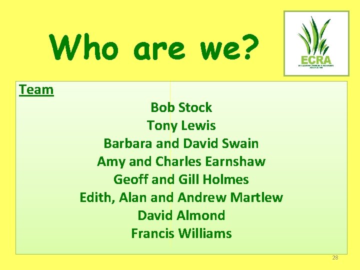 Who are we? Team Bob Stock Tony Lewis Barbara and David Swain Amy and