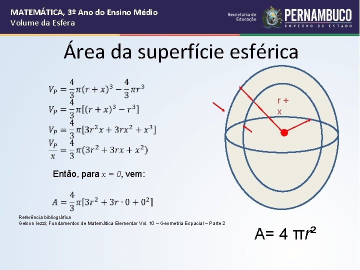 MATEMÁTICA, 3º Ano do Ensino Médio Volume da Esfera Área da superfície esférica r