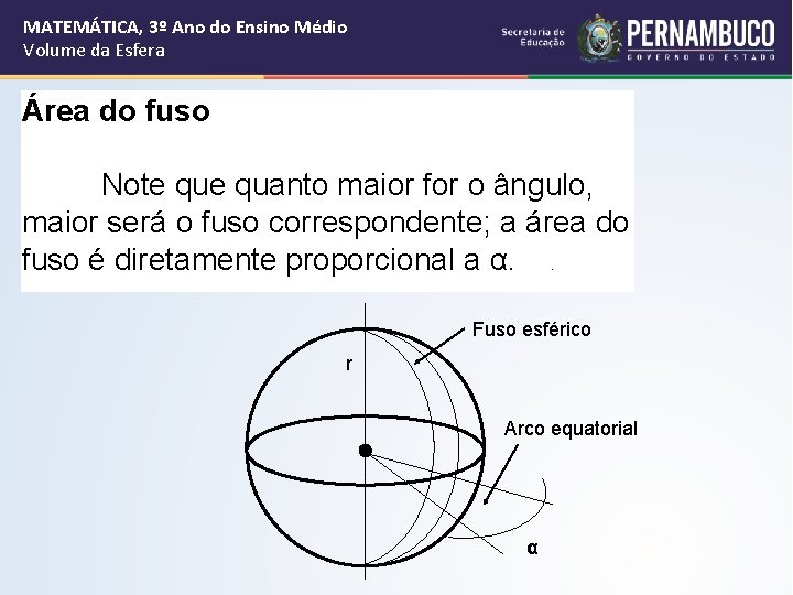 MATEMÁTICA, 3º Ano do Ensino Médio Volume da Esfera Área do fuso Note quanto