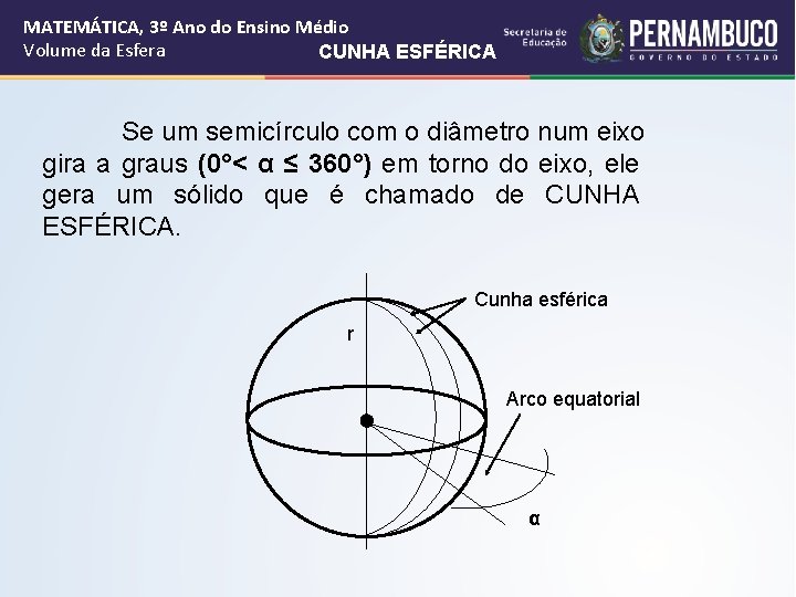 MATEMÁTICA, 3º Ano do Ensino Médio Volume da Esfera CUNHA ESFÉRICA Se um semicírculo