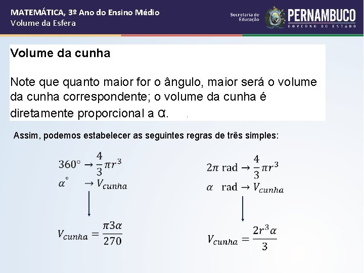 MATEMÁTICA, 3º Ano do Ensino Médio Volume da Esfera Volume da cunha Note quanto