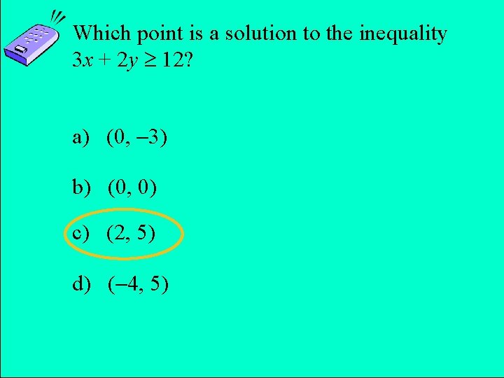 Which point is a solution to the inequality 3 x + 2 y 12?