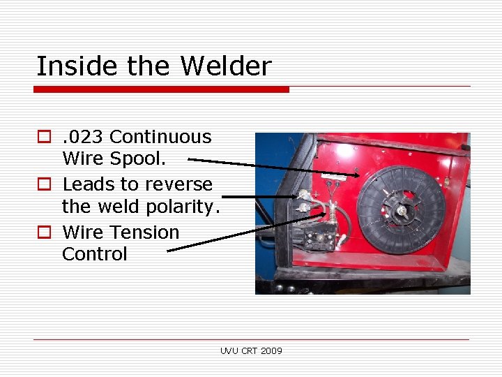 Inside the Welder o. 023 Continuous Wire Spool. o Leads to reverse the weld