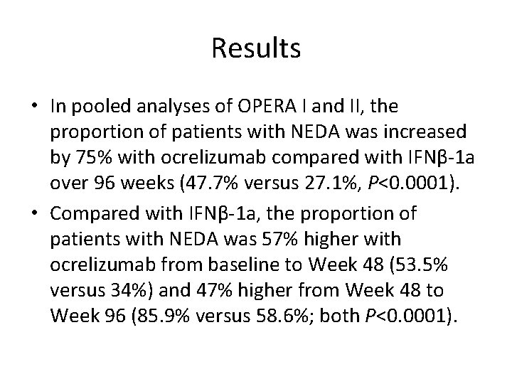 Results • In pooled analyses of OPERA I and II, the proportion of patients