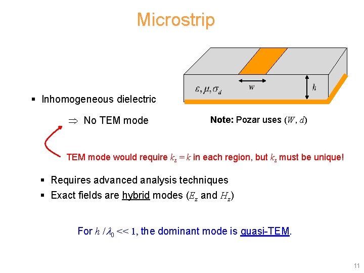 Microstrip § Inhomogeneous dielectric No TEM mode Note: Pozar uses (W, d) TEM mode