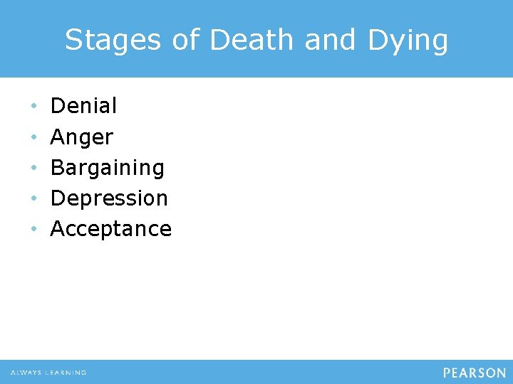 Stages of Death and Dying • • • Denial Anger Bargaining Depression Acceptance 