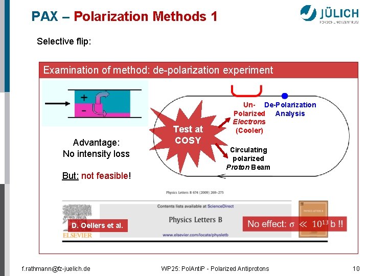 PAX – Polarization Methods 1 Selective flip: Examination of method: de-polarization experiment Advantage: No