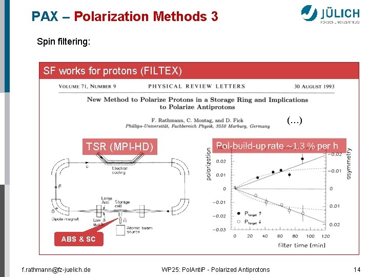 PAX – Polarization Methods 3 Spin filtering: SF works for protons (FILTEX) (…) TSR