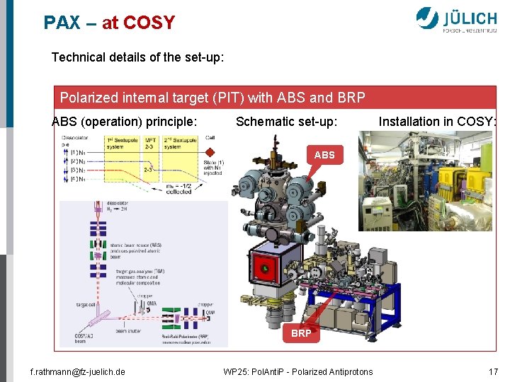 PAX – at COSY Technical details of the set-up: Polarized internal target (PIT) with