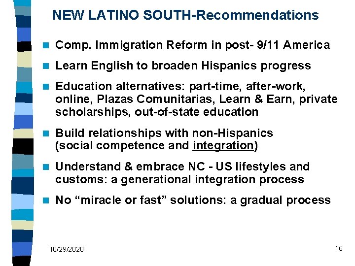 NEW LATINO SOUTH-Recommendations n Comp. Immigration Reform in post- 9/11 America n Learn English