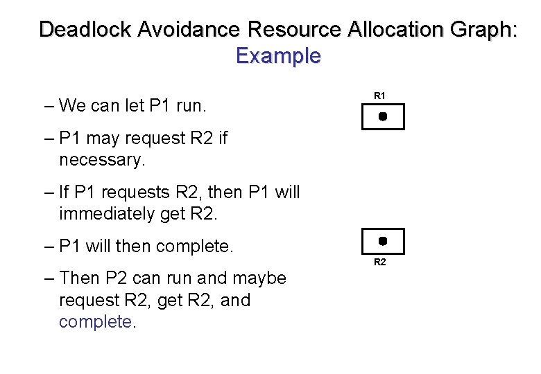 Deadlock Avoidance Resource Allocation Graph: Example – We can let P 1 run. R Deadlock Avoidance Resource Allocation Graph: Example – We can let P 1 run. R