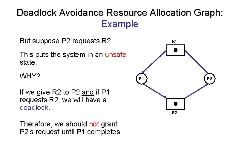 Deadlock Avoidance Resource Allocation Graph: Example But suppose P 2 requests R 2. R Deadlock Avoidance Resource Allocation Graph: Example But suppose P 2 requests R 2. R