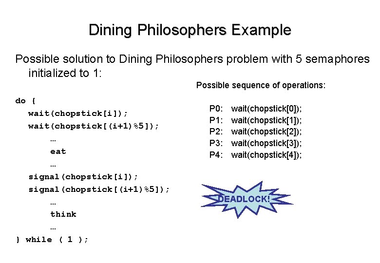 Dining Philosophers Example Possible solution to Dining Philosophers problem with 5 semaphores initialized to Dining Philosophers Example Possible solution to Dining Philosophers problem with 5 semaphores initialized to